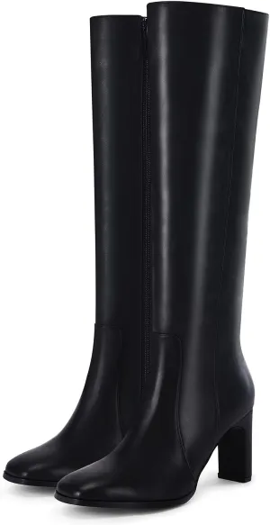 Coutgo Womens Square Toe Knee High Boots Leather Chunky Heel Fashion Dressy Winter Shoes with Side Zipper