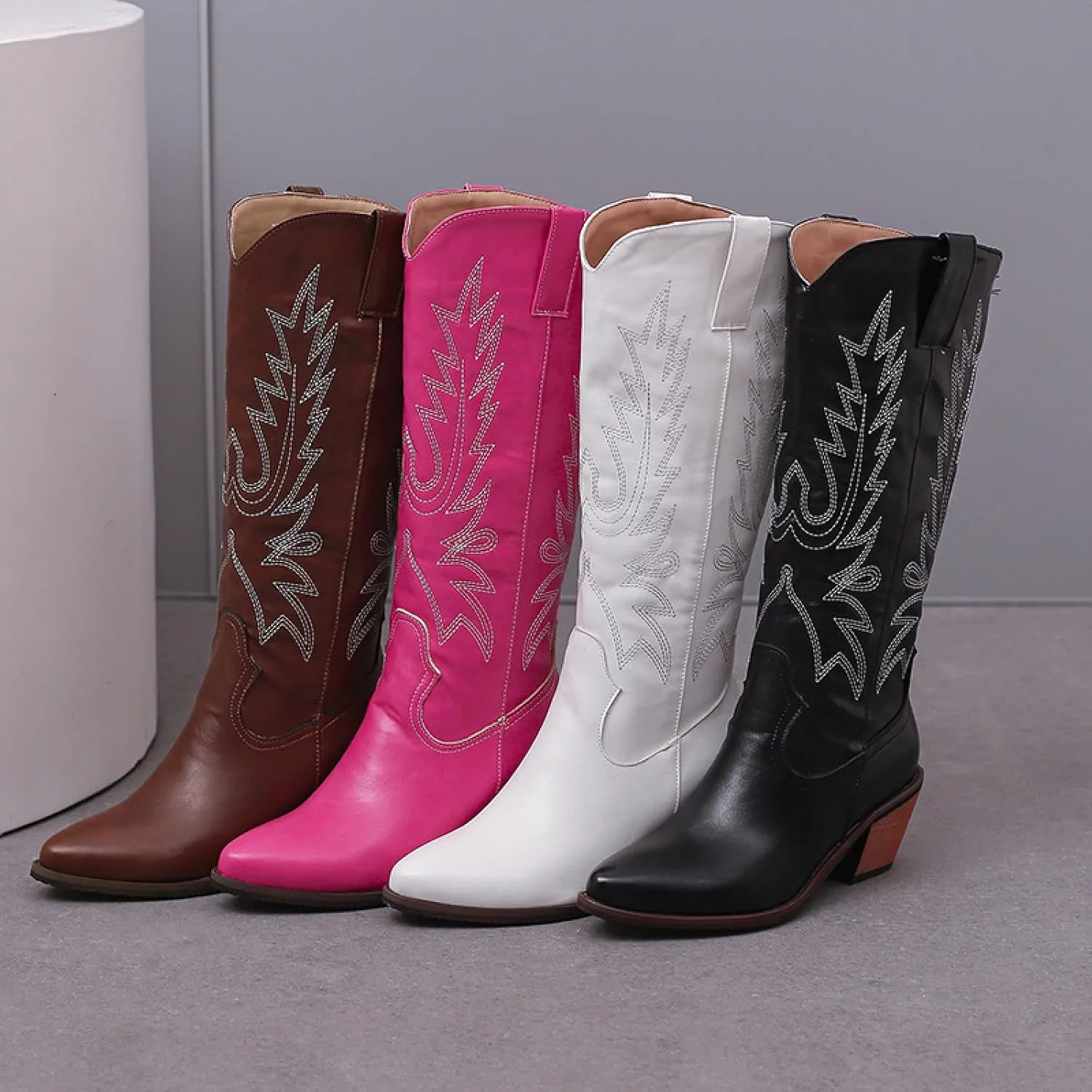 Cowboy Boots for Women, Wide Calf Knee High Cowgirl Boots with Side Zipper and Sparkly Glitter Embroidery, Mid Heel Retro Fashion Tall Cowgirl Boot Pull On for Ladies-Rose Red||40