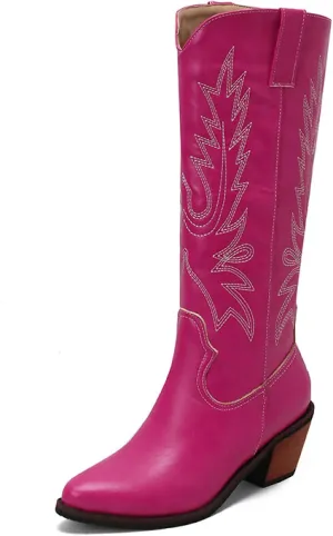 Cowboy Boots for Women, Wide Calf Knee High Cowgirl Boots with Side Zipper and Sparkly Glitter Embroidery, Mid Heel Retro Fashion Tall Cowgirl Boot Pull On for Ladies-Rose Red||40