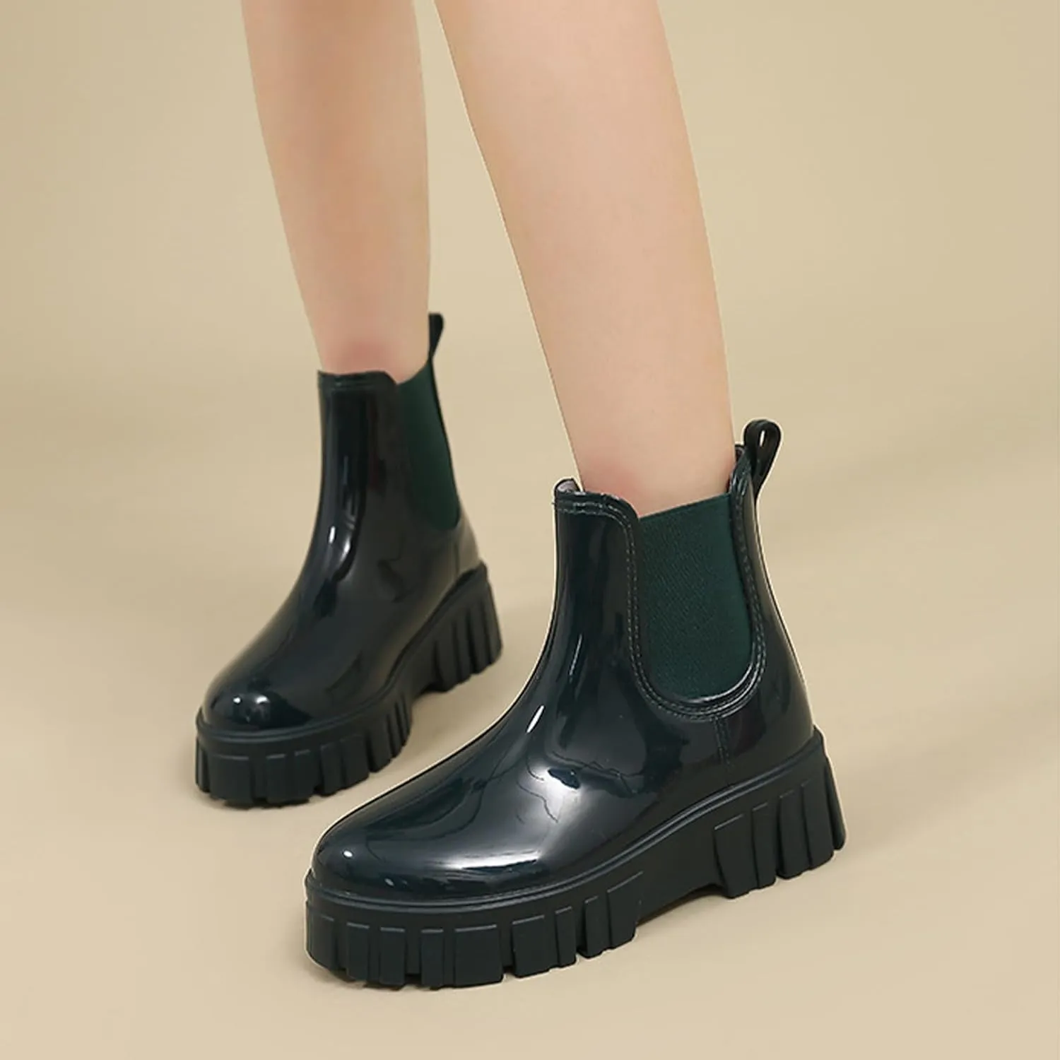 Crepuscute Women's Waterproof Platform High Top Rain Boots - Lightweight Garden Chelsea Ankle Boots With Comfortable Soft Insole for Outdoor