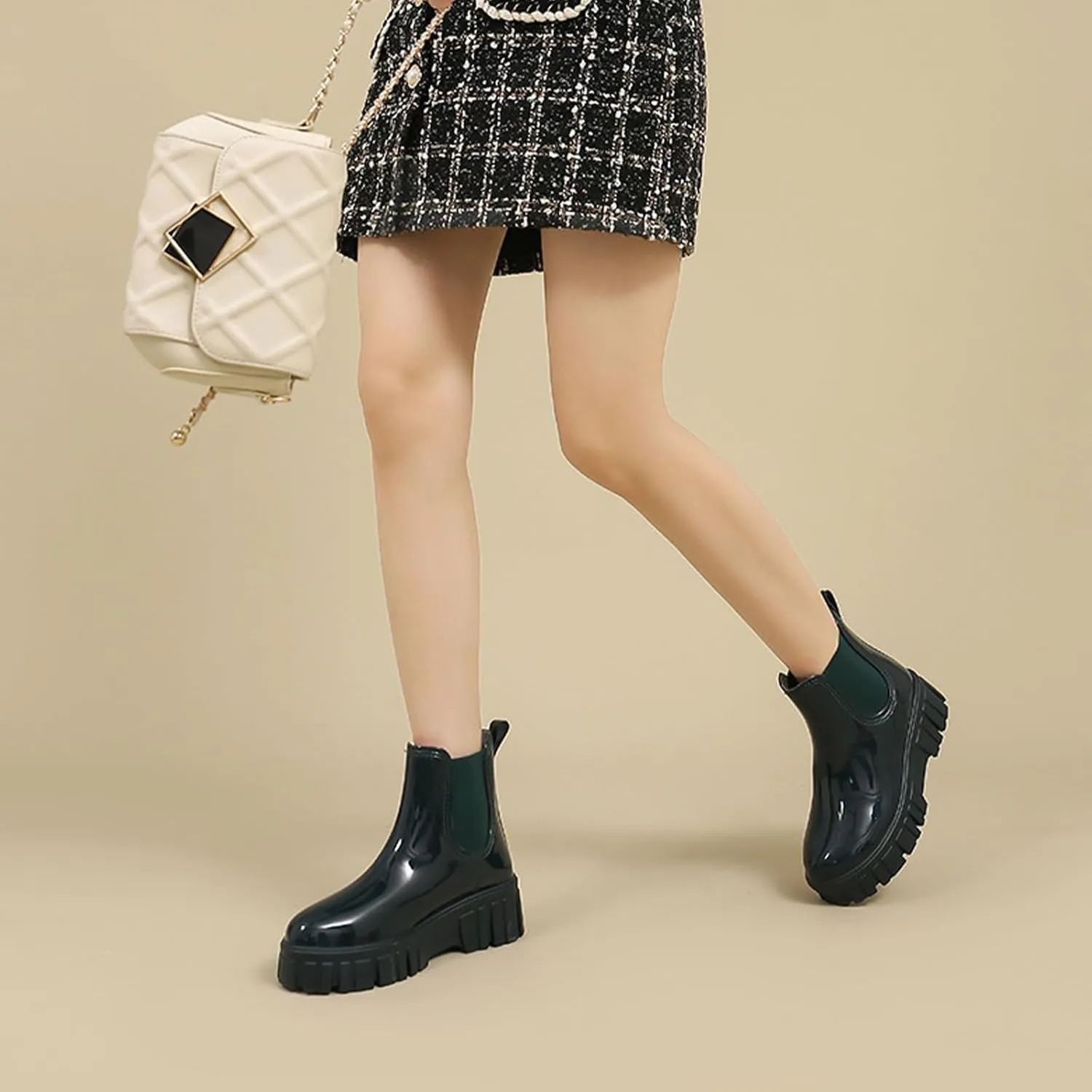 Crepuscute Women's Waterproof Platform High Top Rain Boots - Lightweight Garden Chelsea Ankle Boots With Comfortable Soft Insole for Outdoor