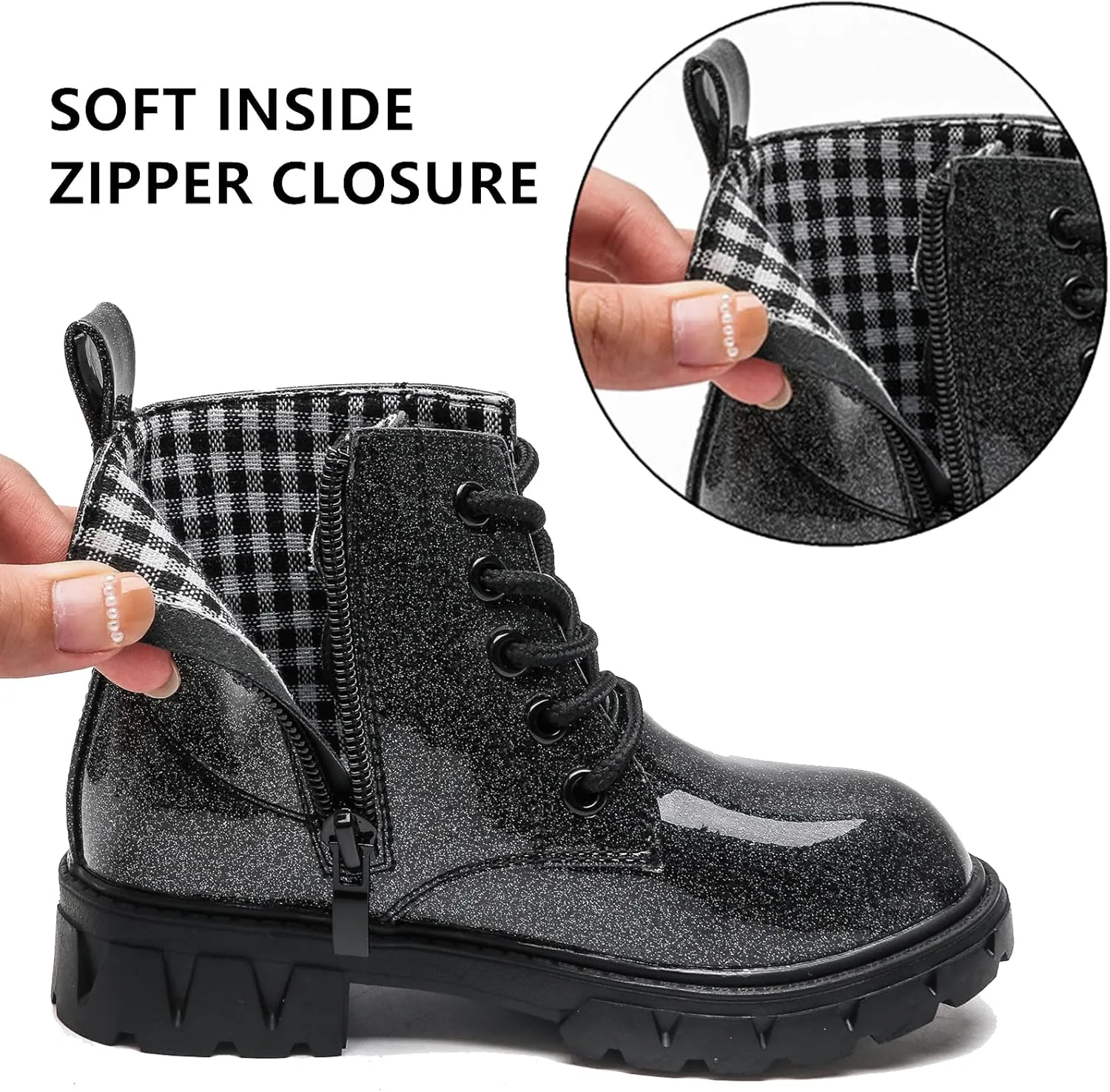 DADAWEN Boys Girls Glitter Ankle Boots Kids Lace Up Waterproof Combat Shoes With Side Zipper for Toddler/Little Kid/Big Kid