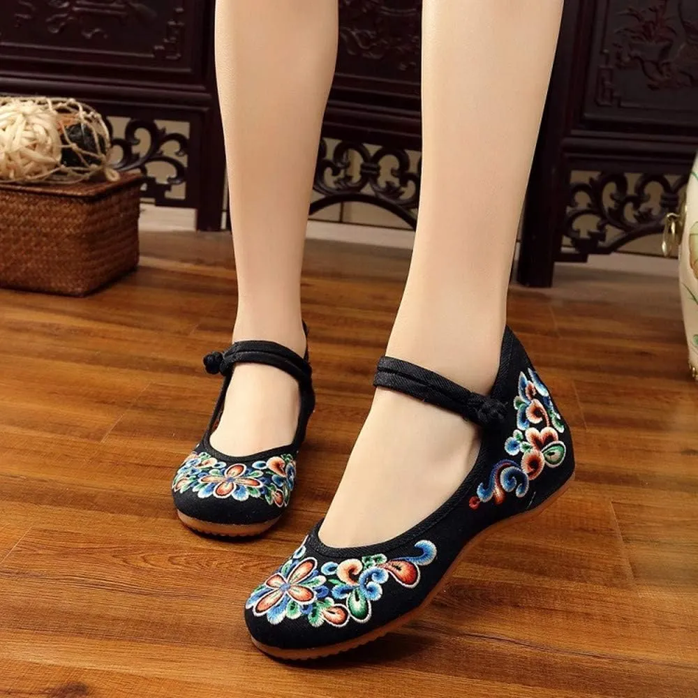 Dayiss Women's Chinese Handmade Embroidered Oxfords Flats Flower Dancing Ballet Canvas Loafers Mary Jane Cheongsam Shoes