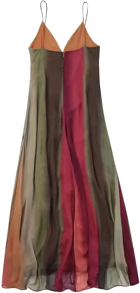 Deep V Neck Dresses for Women High Waisted Party Printed Pleated Sleeveless Vacation Robes
