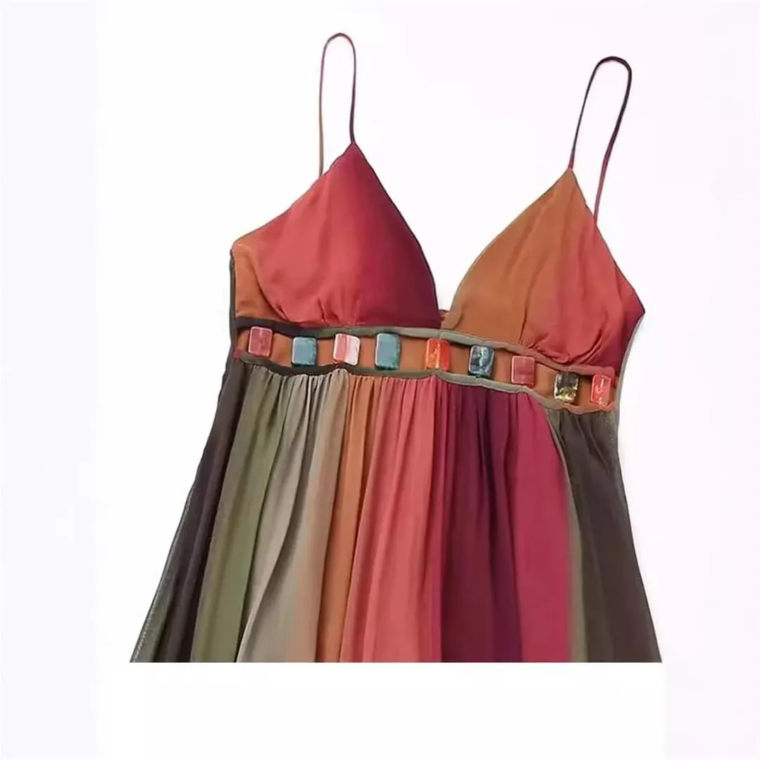 Deep V Neck Dresses for Women High Waisted Party Printed Pleated Sleeveless Vacation Robes