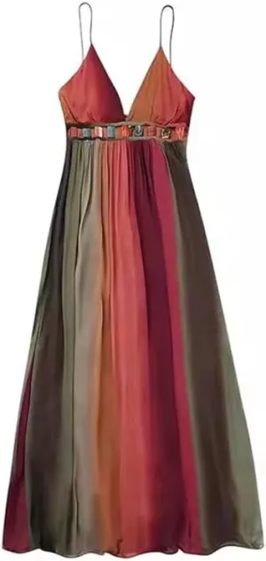 Deep V Neck Dresses for Women High Waisted Party Printed Pleated Sleeveless Vacation Robes