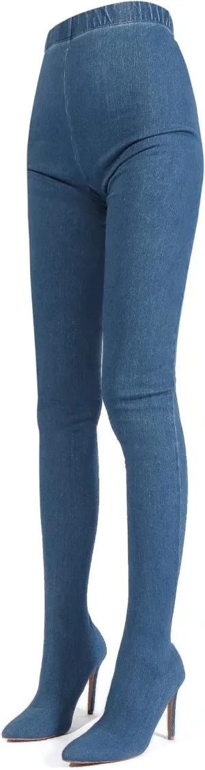 Denim Boot Leggings for Women, Blue Jean High Heel Leggings Boots, Over Knee Pointed Toe Stiletto Stretch Pull On Pant Boots
