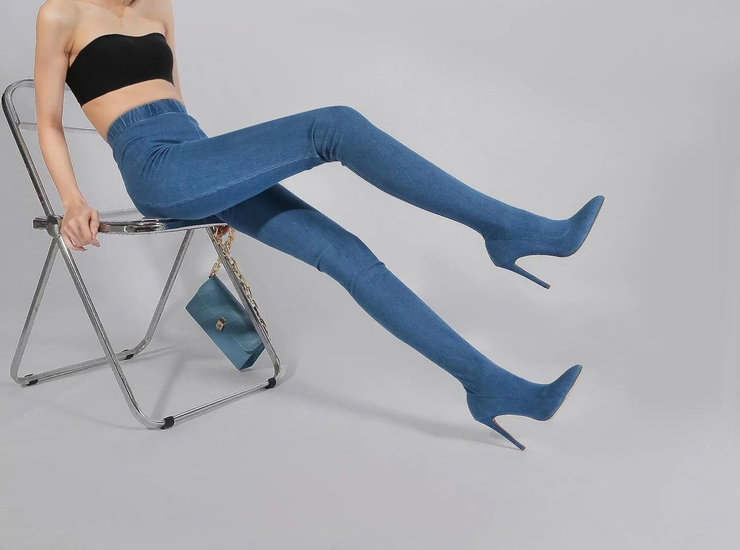 Denim Boot Leggings for Women, Blue Jean High Heel Leggings Boots, Over Knee Pointed Toe Stiletto Stretch Pull On Pant Boots