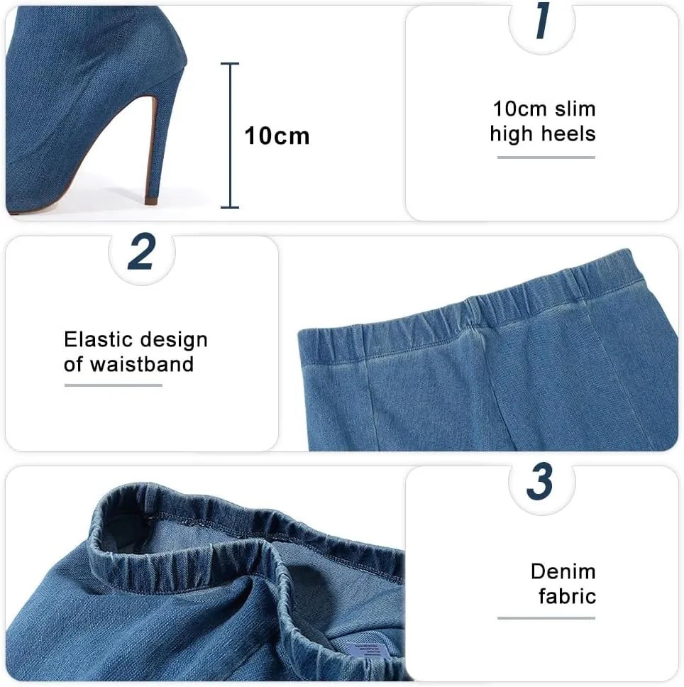 Denim Boot Leggings for Women, Blue Jean High Heel Leggings Boots, Over Knee Pointed Toe Stiletto Stretch Pull On Pant Boots