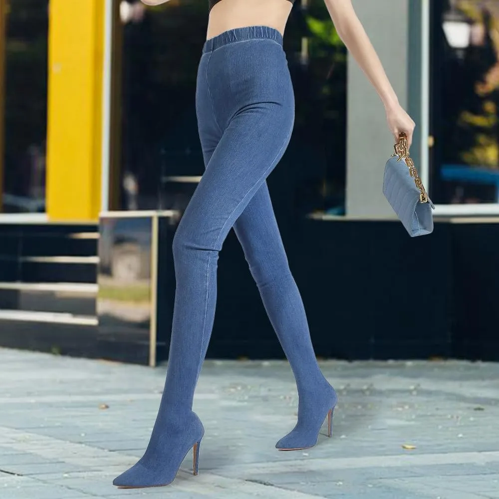 Denim Boot Leggings for Women, Blue Jean High Heel Leggings Boots, Over Knee Pointed Toe Stiletto Stretch Pull On Pant Boots