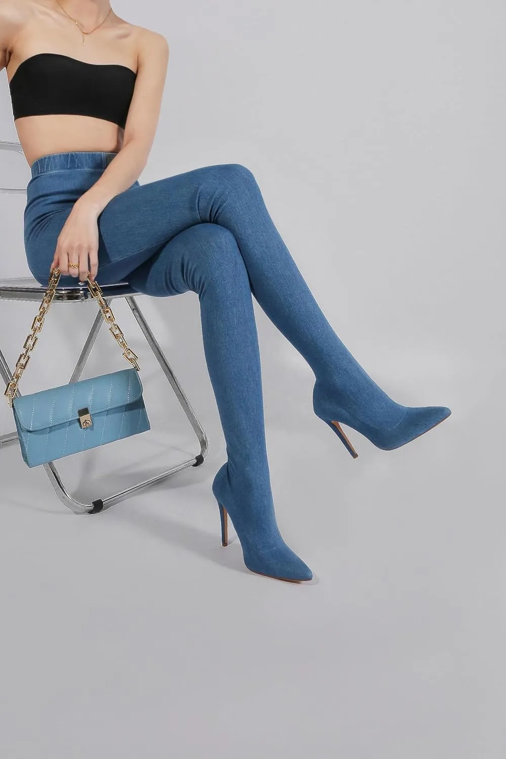 Denim Boot Leggings for Women, Blue Jean High Heel Leggings Boots, Over Knee Pointed Toe Stiletto Stretch Pull On Pant Boots