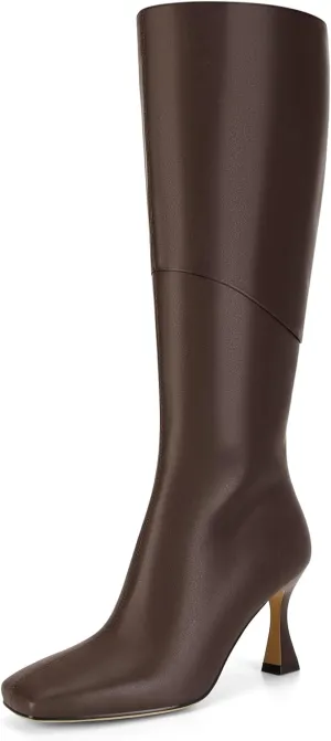 DOEYG Black Leather Knee High Boots for Women Kitten Heel Tall Boots Square Toe Stiletto Heels Heeled Boots Dressy Fashion Long Boots with Side Zipper