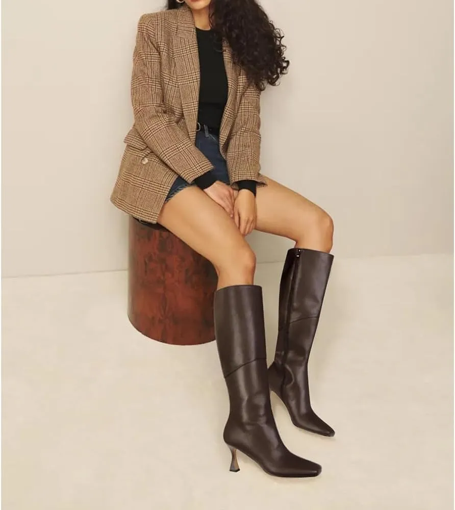 DOEYG Black Leather Knee High Boots for Women Kitten Heel Tall Boots Square Toe Stiletto Heels Heeled Boots Dressy Fashion Long Boots with Side Zipper