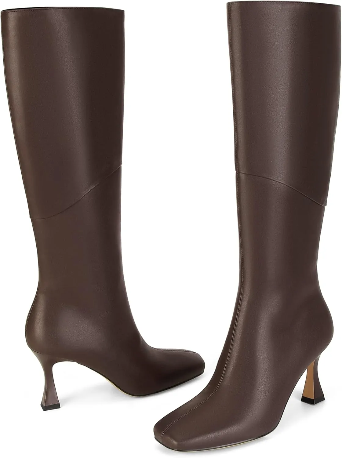 DOEYG Black Leather Knee High Boots for Women Kitten Heel Tall Boots Square Toe Stiletto Heels Heeled Boots Dressy Fashion Long Boots with Side Zipper
