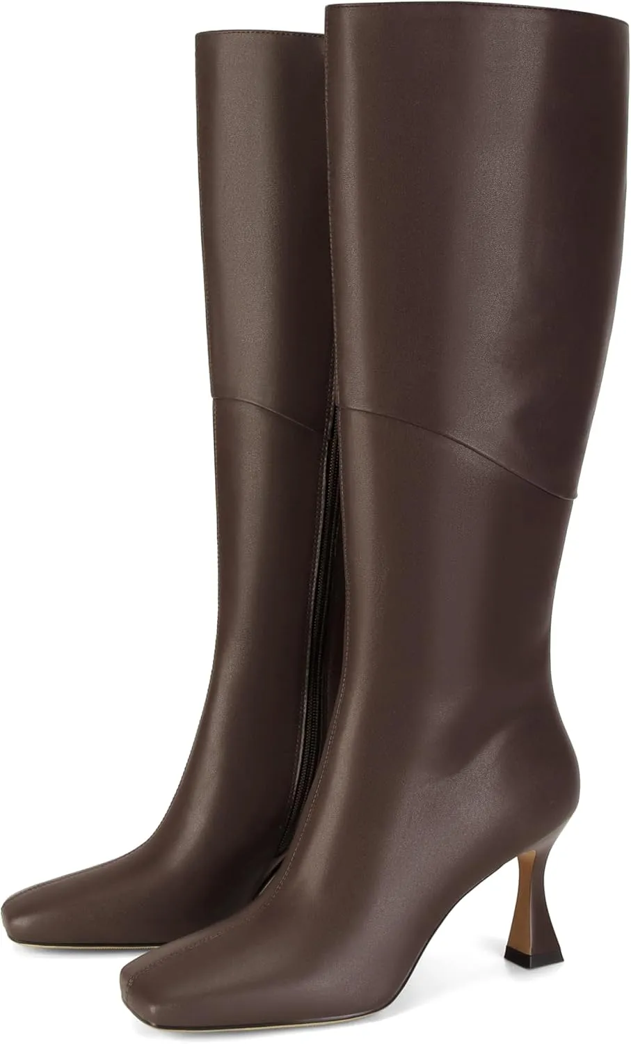 DOEYG Black Leather Knee High Boots for Women Kitten Heel Tall Boots Square Toe Stiletto Heels Heeled Boots Dressy Fashion Long Boots with Side Zipper
