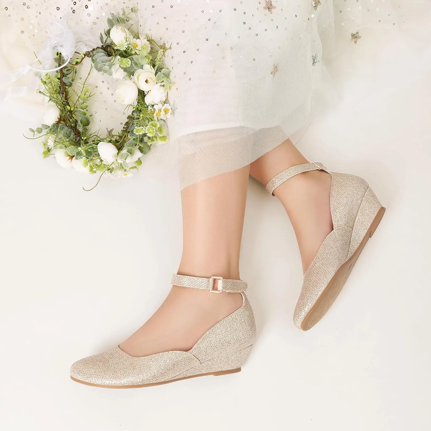 DREAM PAIRS Girls Dress Shoes Low Wedge Heels Ankle Strap Wedding Flower Party Pump for Toddler Little Big Kid