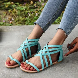 Dressy Flat Sandals for Women Criss Cross Flip Flops Anti-Slip Gladiator Solid Color Beach Falt Strappy Lace Up Casual Vacation Summer Open Toe Walking Shoes Zipper Back Ankle Strap 2025