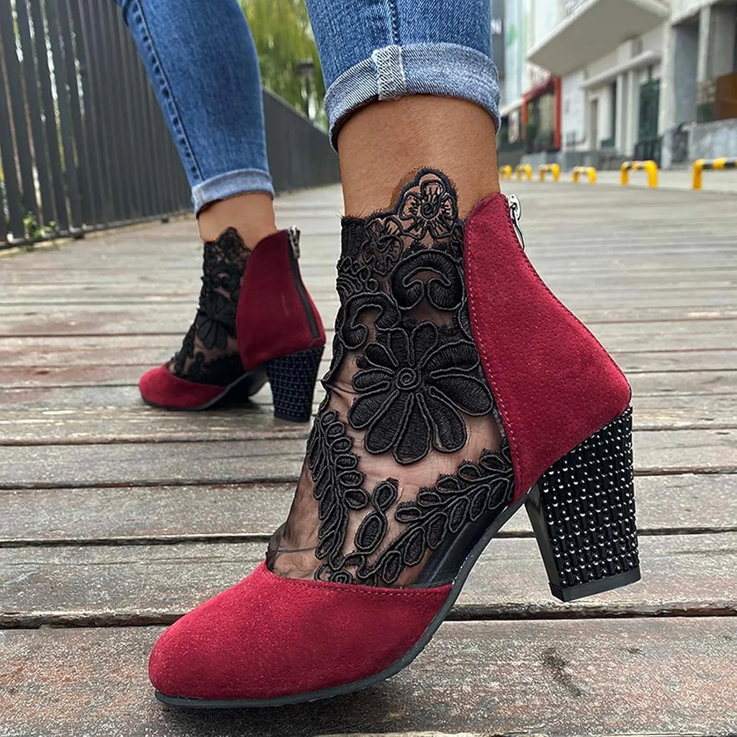 Eduavar Sandals for Women Dressy Summer, Sandals for Women Dressy Summer Heel Sandals Lace Floral Close Toed Zip Up Sandals