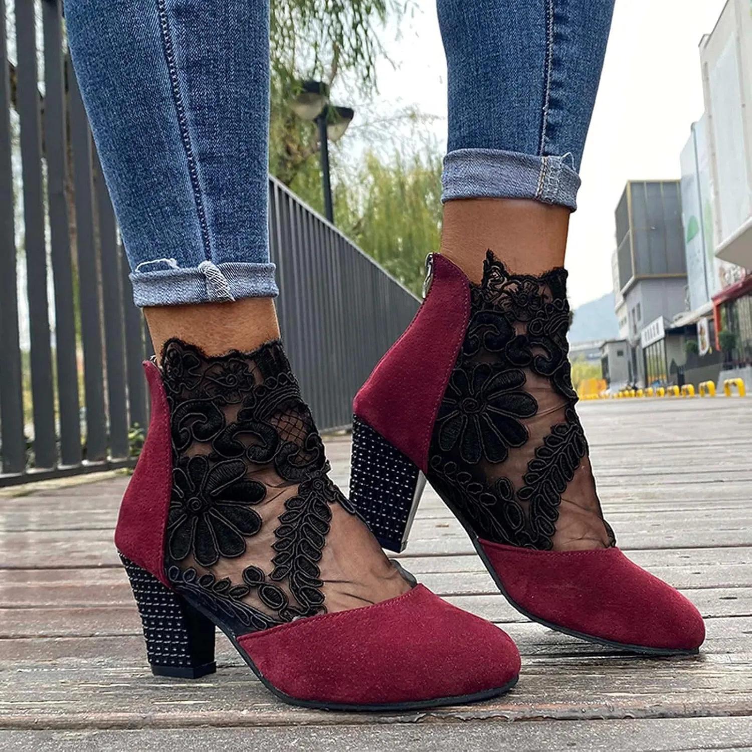Eduavar Sandals for Women Dressy Summer, Sandals for Women Dressy Summer Heel Sandals Lace Floral Close Toed Zip Up Sandals