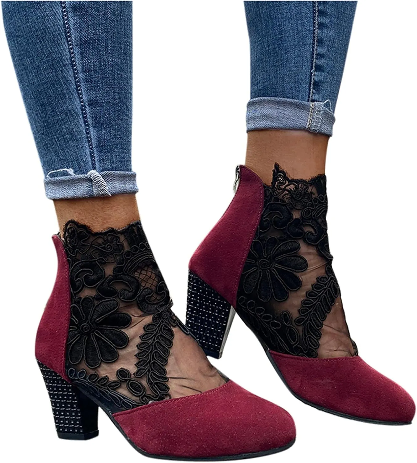 Eduavar Sandals for Women Dressy Summer, Sandals for Women Dressy Summer Heel Sandals Lace Floral Close Toed Zip Up Sandals