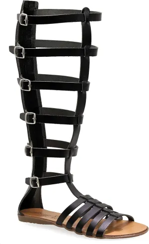 Emmanuela Ancient Greek Style Handmade Leather Flat Sandals, Quality Gladiator Knee High Sandals with Rear Zipper at Shaft, Strappy Summer Shoes for Women