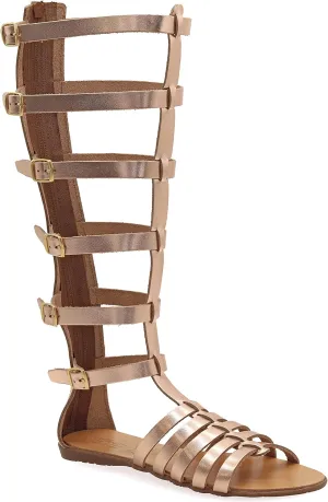 Emmanuela Ancient Greek Style Handmade Leather Flat Sandals, Quality Gladiator Knee High Sandals with Rear Zipper at Shaft, Strappy Summer Shoes for Women