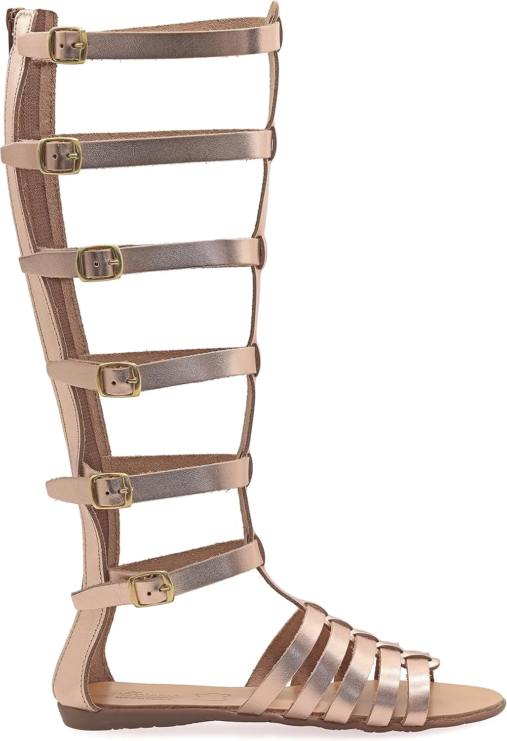 Emmanuela Ancient Greek Style Handmade Leather Flat Sandals, Quality Gladiator Knee High Sandals with Rear Zipper at Shaft, Strappy Summer Shoes for Women