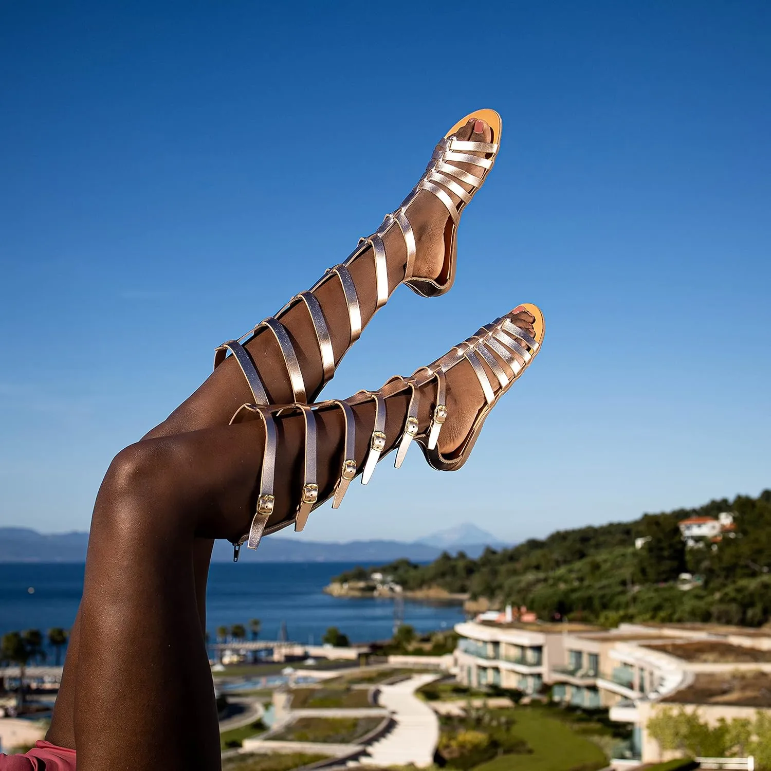 Emmanuela Ancient Greek Style Handmade Leather Flat Sandals, Quality Gladiator Knee High Sandals with Rear Zipper at Shaft, Strappy Summer Shoes for Women