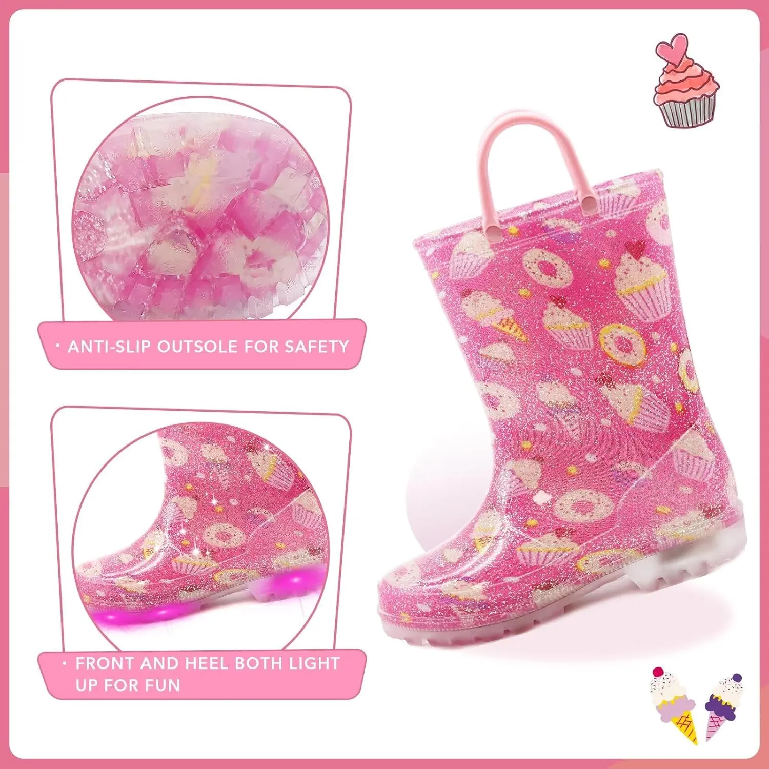 EUXTERPA Kids Toddler Light Up Rain Boots Boys Girls Waterproof Patterns and Glitter Boots with Easy On Handles