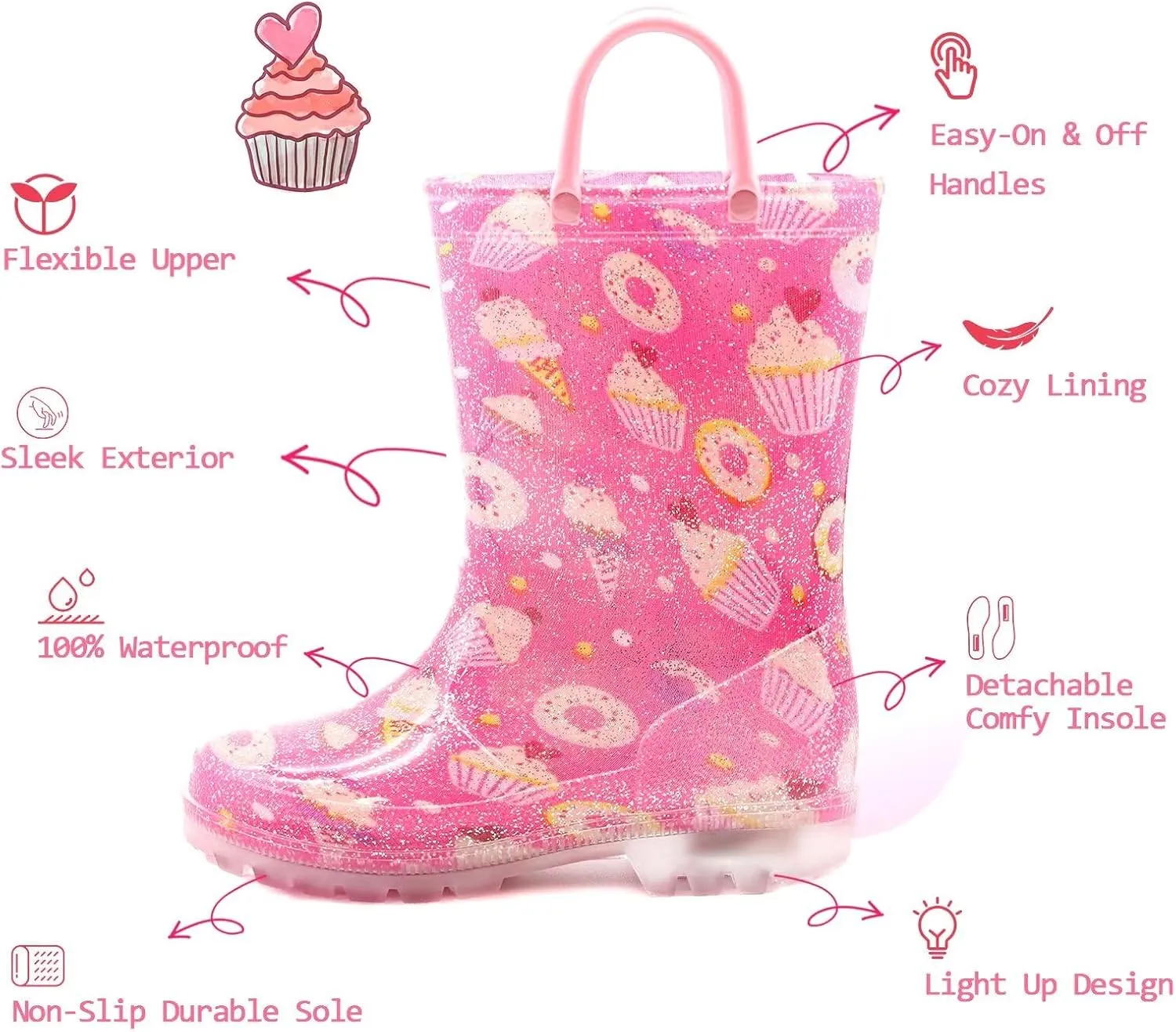 EUXTERPA Kids Toddler Light Up Rain Boots Boys Girls Waterproof Patterns and Glitter Boots with Easy On Handles