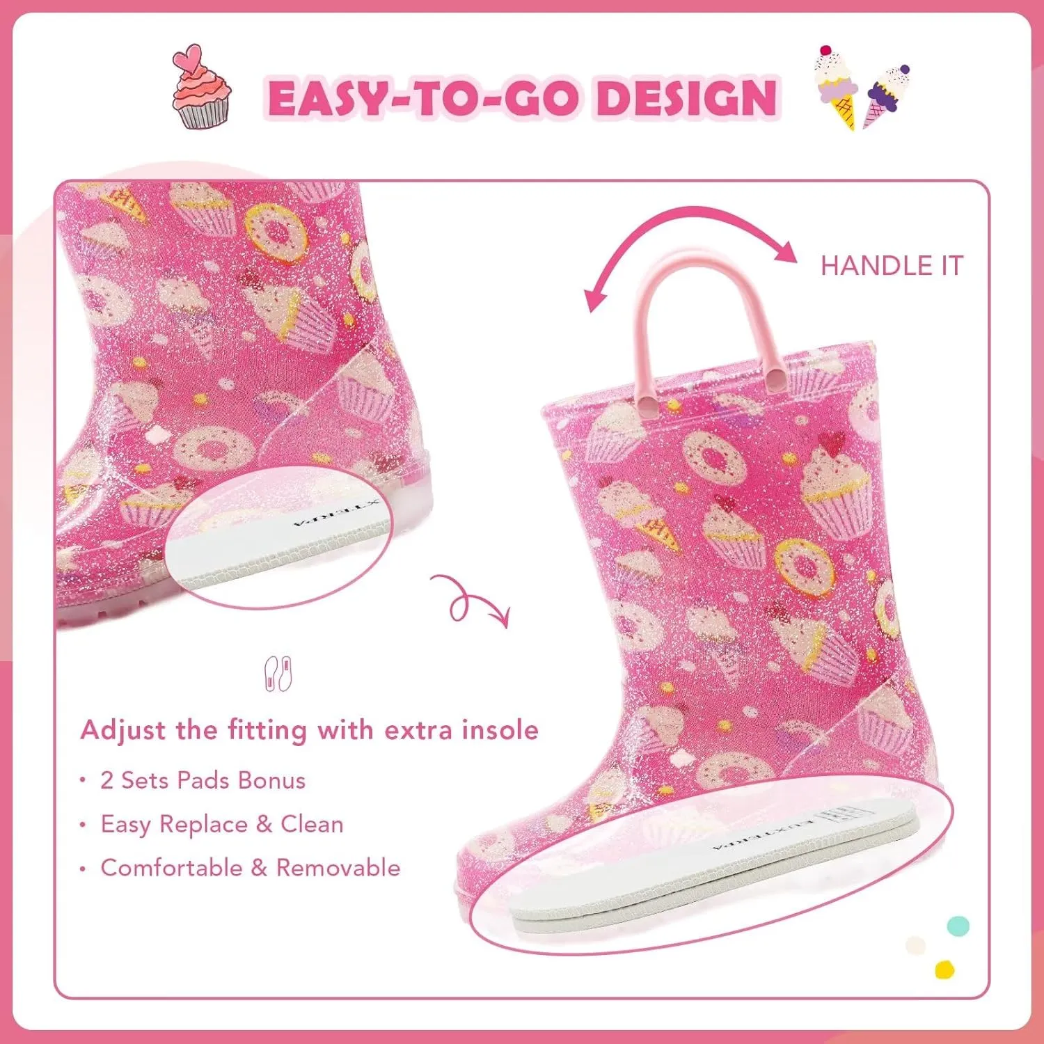 EUXTERPA Kids Toddler Light Up Rain Boots Boys Girls Waterproof Patterns and Glitter Boots with Easy On Handles