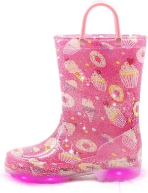 EUXTERPA Kids Toddler Light Up Rain Boots Boys Girls Waterproof Patterns and Glitter Boots with Easy On Handles