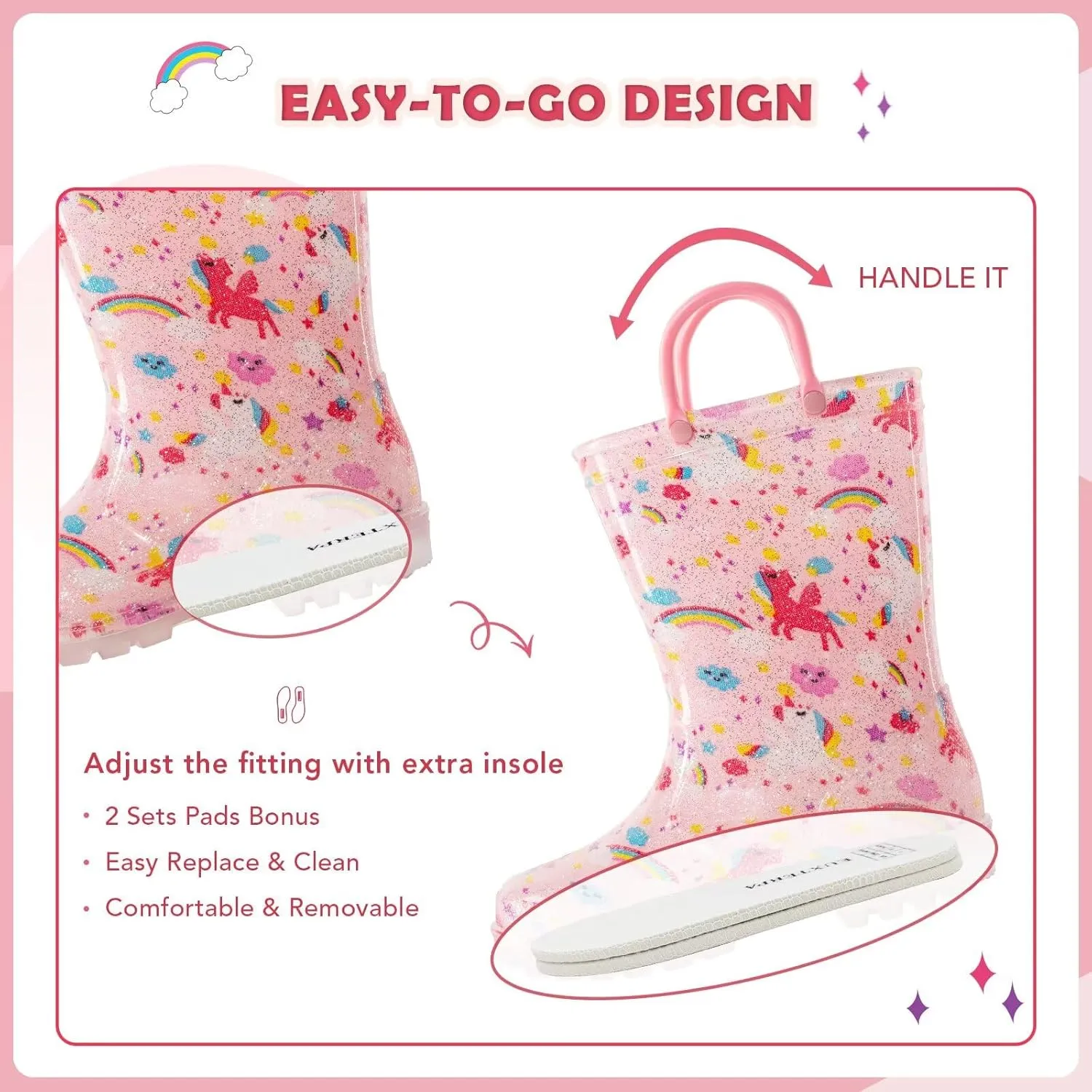 EUXTERPA Toddler Kids Waterproof Light Up Rain Boots Patterns and Glitter Boots with Handles for Boys Girls