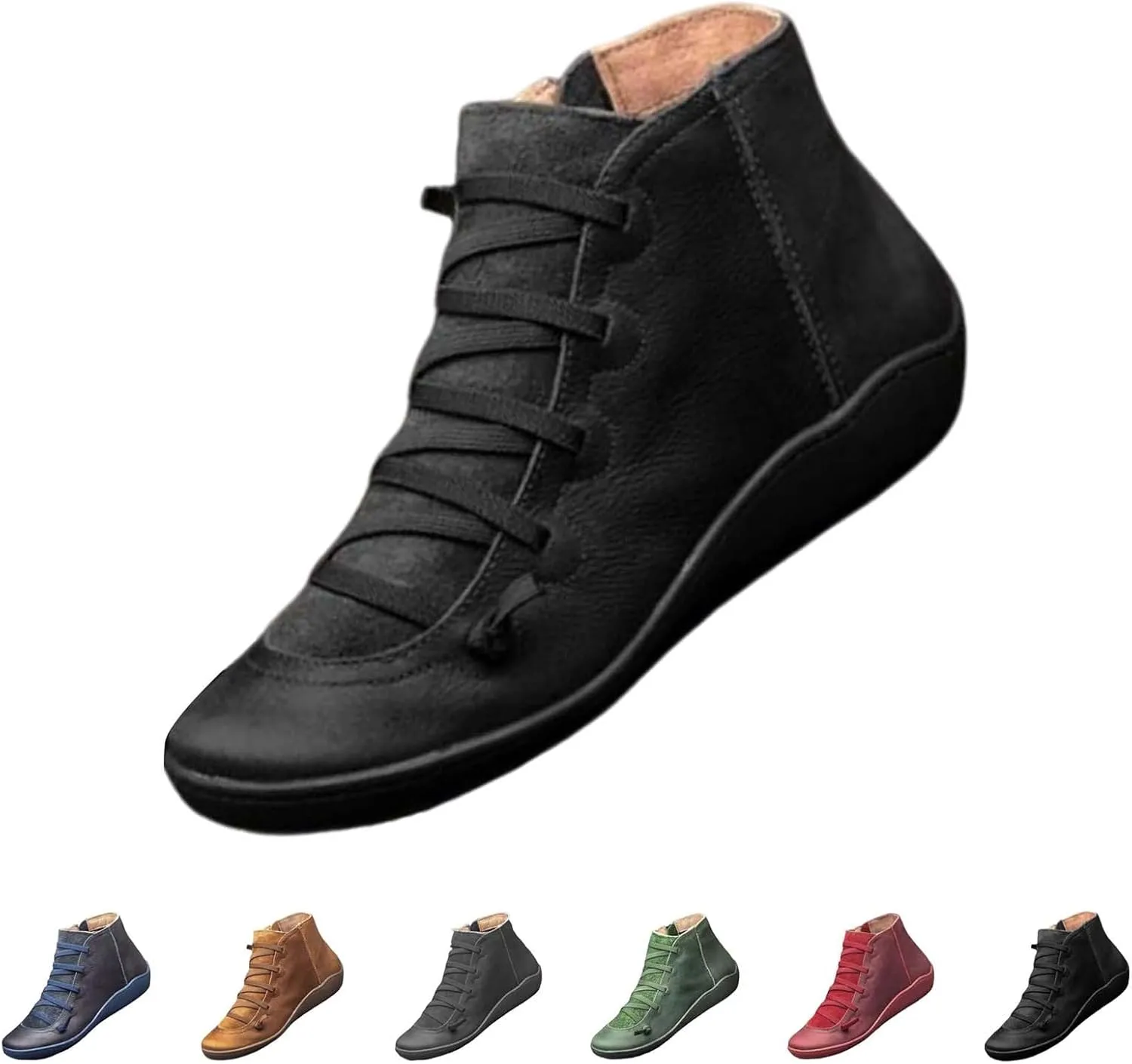 Fall Ankle Boots for Women No Heel 2024, New Arch Support Boots Fashion Lace Up Side Zipper Retro Ankle Booties, Comfortable Slip On Flat Low Heel Boots