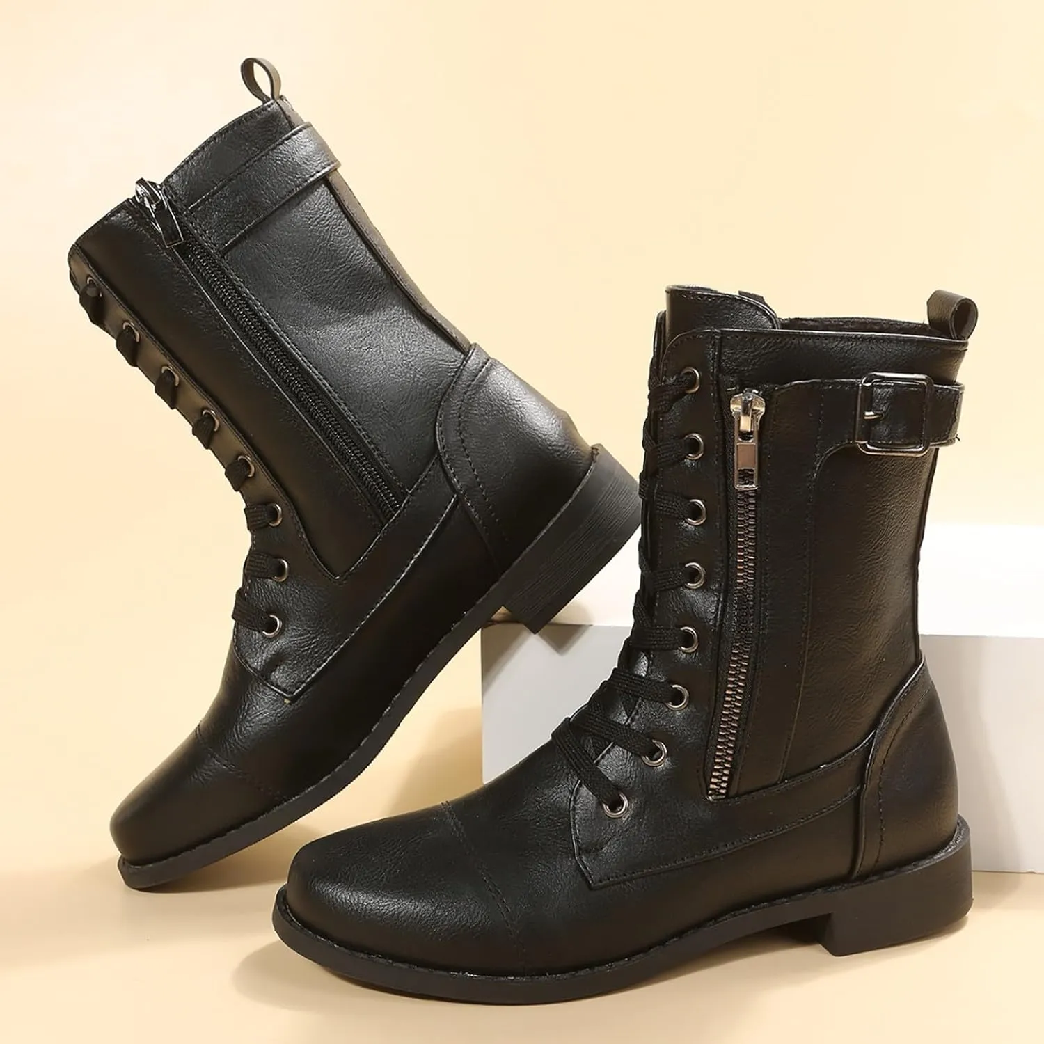 Fall Boots for Women 2024 Low Heel Combat Boots Womens Black Platform Lace-Up Side Zipper Low Heel Mid-Calf Booties