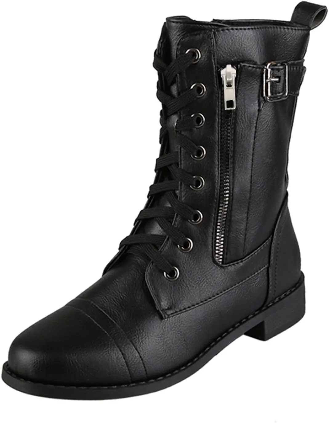 Fall Boots for Women 2024 Low Heel Combat Boots Womens Black Platform Lace-Up Side Zipper Low Heel Mid-Calf Booties