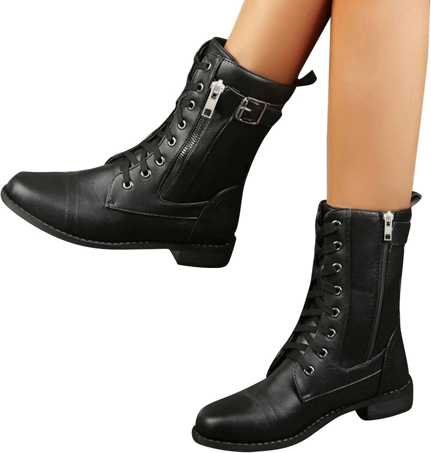 Fall Boots for Women 2024 Low Heel Combat Boots Womens Black Platform Lace-Up Side Zipper Low Heel Mid-Calf Booties