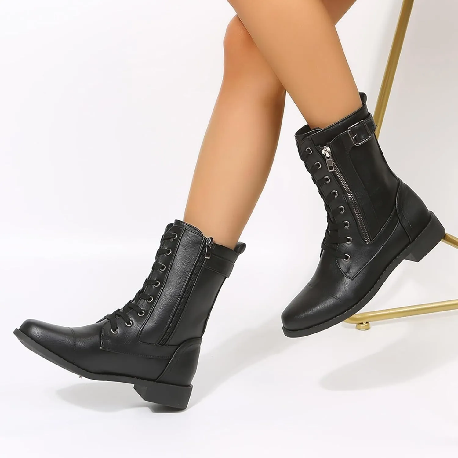 Fall Boots for Women 2024 Low Heel Combat Boots Womens Black Platform Lace-Up Side Zipper Low Heel Mid-Calf Booties