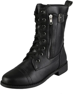 Fall Boots for Women 2024 Low Heel Combat Boots Womens Black Platform Lace-Up Side Zipper Low Heel Mid-Calf Booties