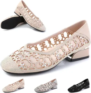 Fashion Rhinestones Net Yarn Low Chunky Heels Pumps for Women Round Toe Hollow Out Slip on Loafers Sandals Comfortable Non-Slip Soft Sole Formal Dress Shoes