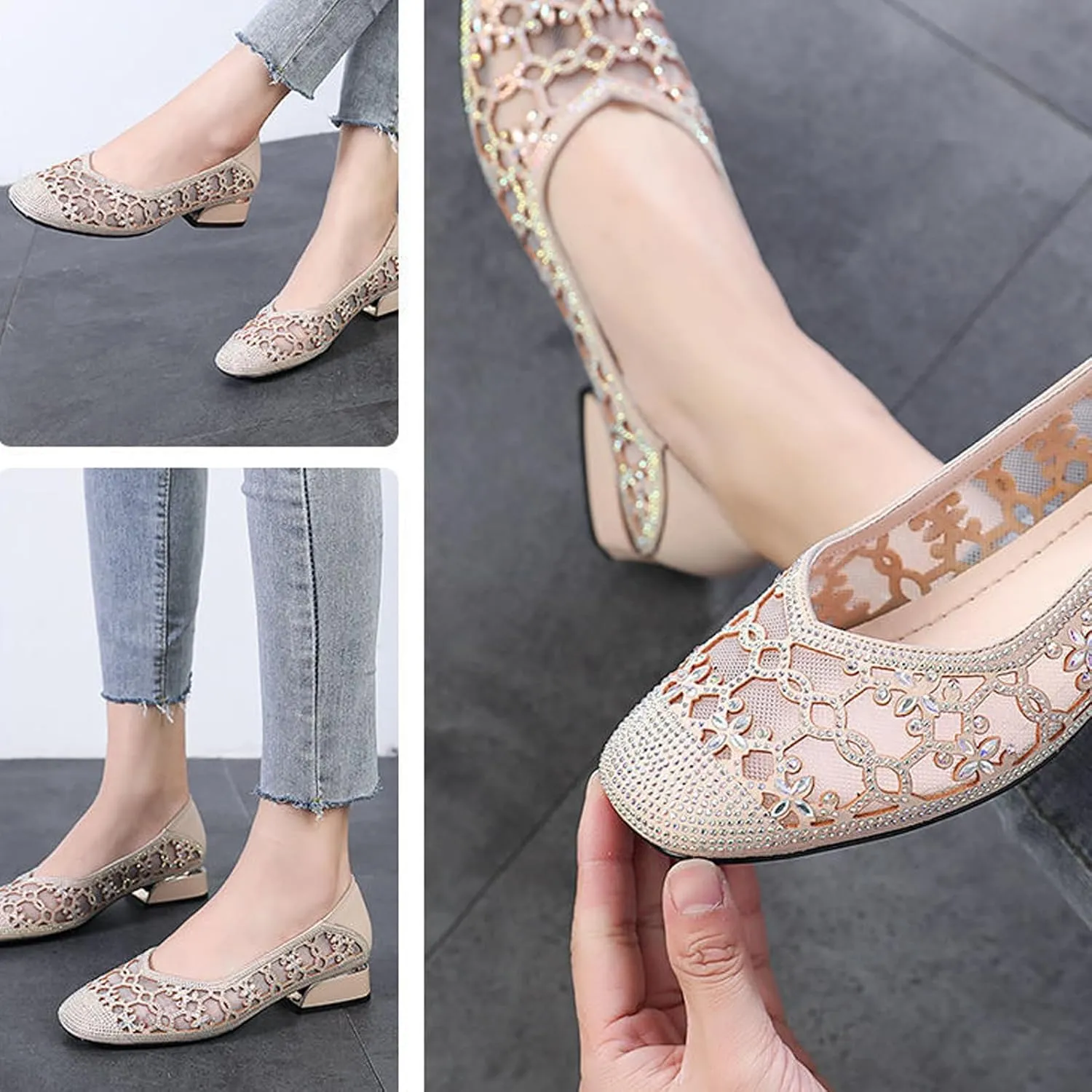 Fashion Rhinestones Net Yarn Low Chunky Heels Pumps for Women Round Toe Hollow Out Slip on Loafers Sandals Comfortable Non-Slip Soft Sole Formal Dress Shoes