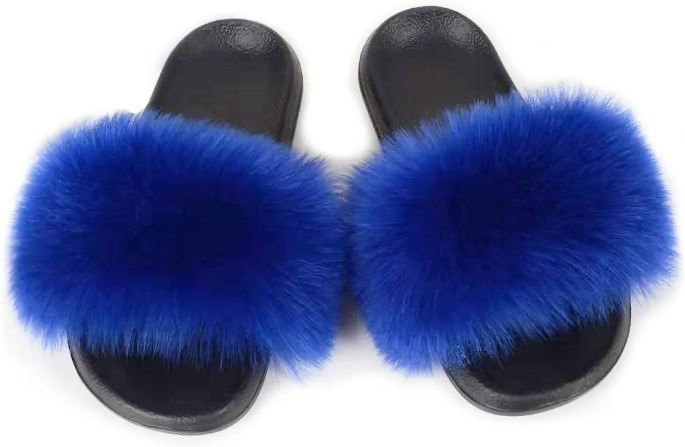Fashion Women's Fur Flats slides sandals Slippers Furry Fuzzy Cozy Open Toe Fluffy Slides Slippers Fur Feather Slip On Shoes
