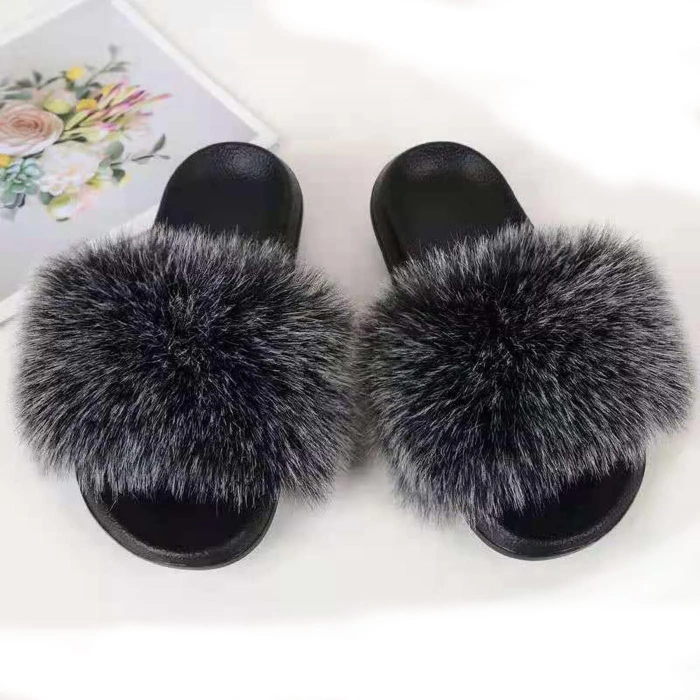 Fashion Women's Fur Flats slides sandals Slippers Furry Fuzzy Cozy Open Toe Fluffy Slides Slippers Fur Feather Slip On Shoes