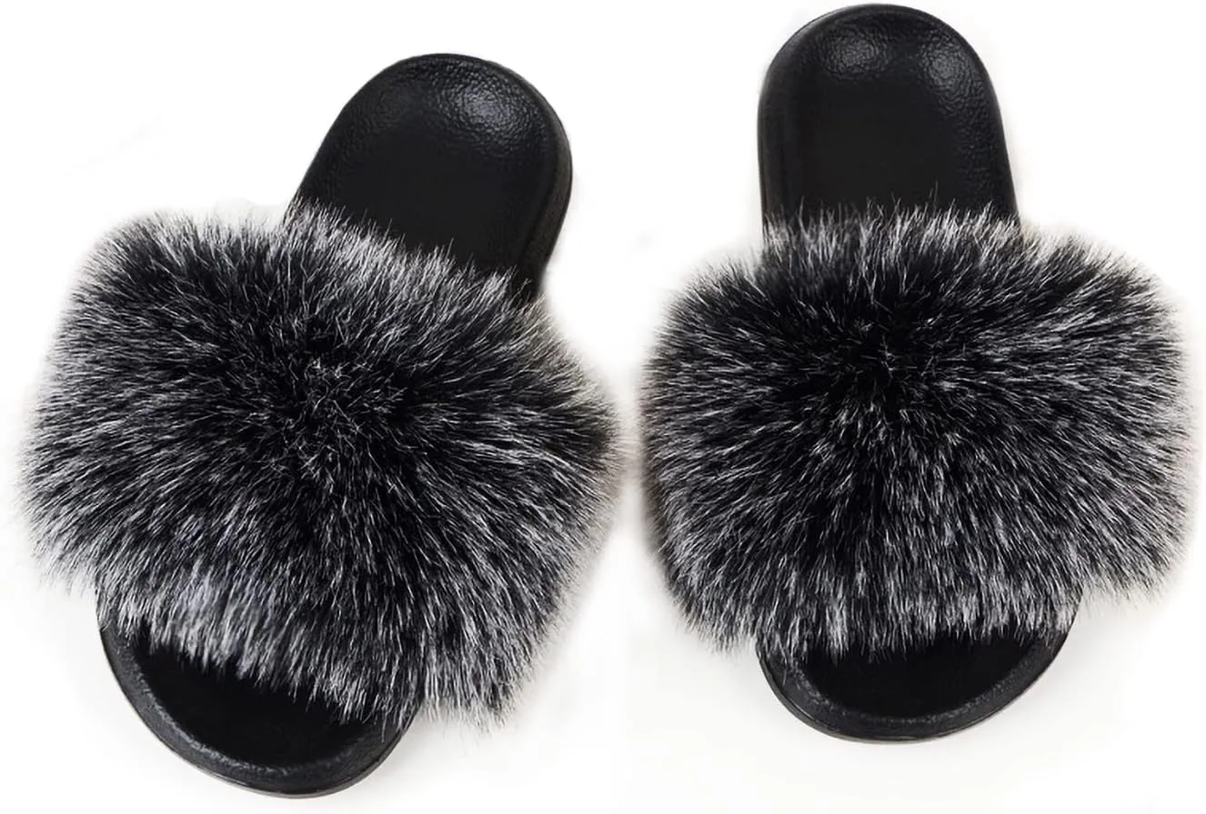 Fashion Women's Fur Flats slides sandals Slippers Furry Fuzzy Cozy Open Toe Fluffy Slides Slippers Fur Feather Slip On Shoes