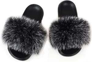 Fashion Women's Fur Flats slides sandals Slippers Furry Fuzzy Cozy Open Toe Fluffy Slides Slippers Fur Feather Slip On Shoes