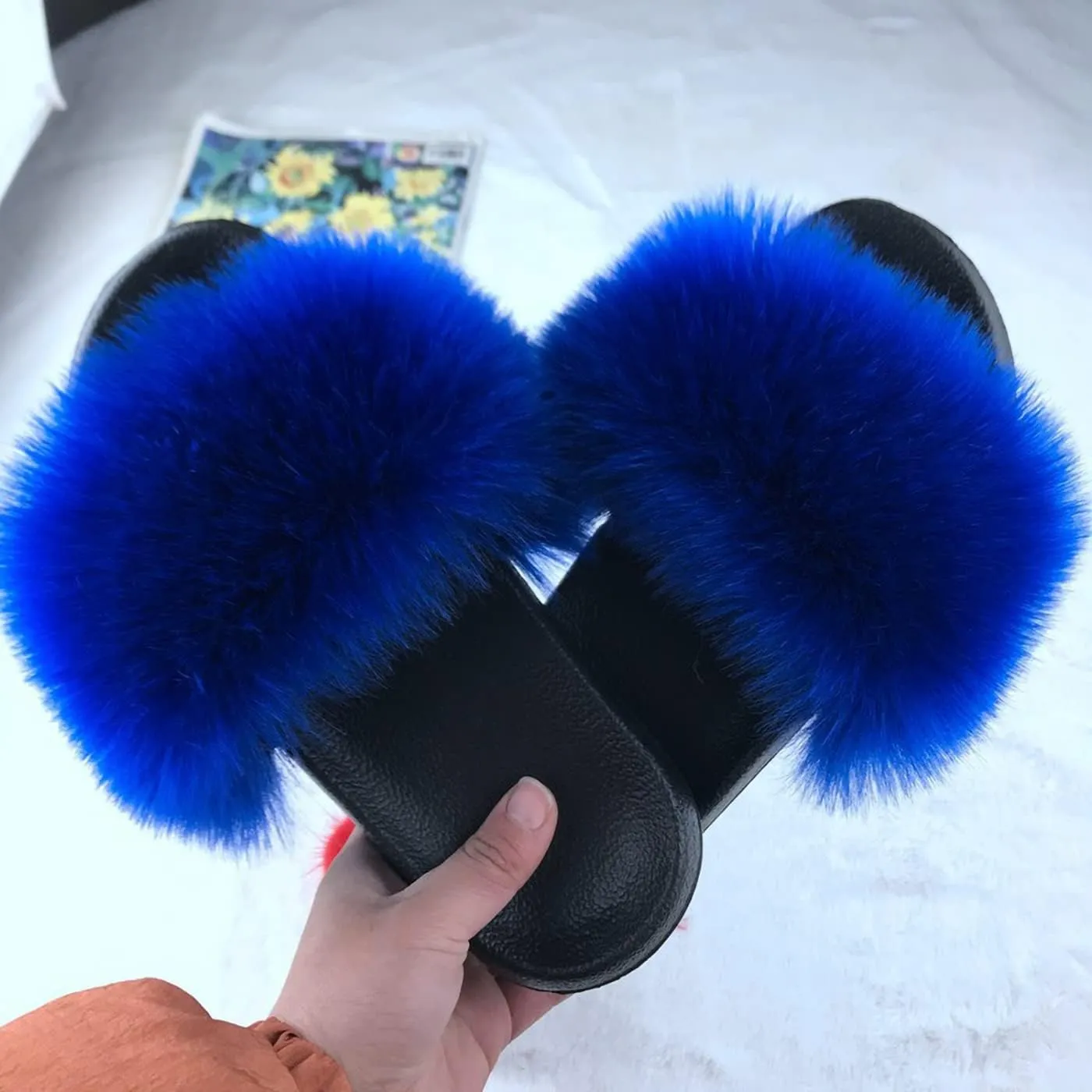 Fashion Women's Fur Flats slides sandals Slippers Furry Fuzzy Cozy Open Toe Fluffy Slides Slippers Fur Feather Slip On Shoes