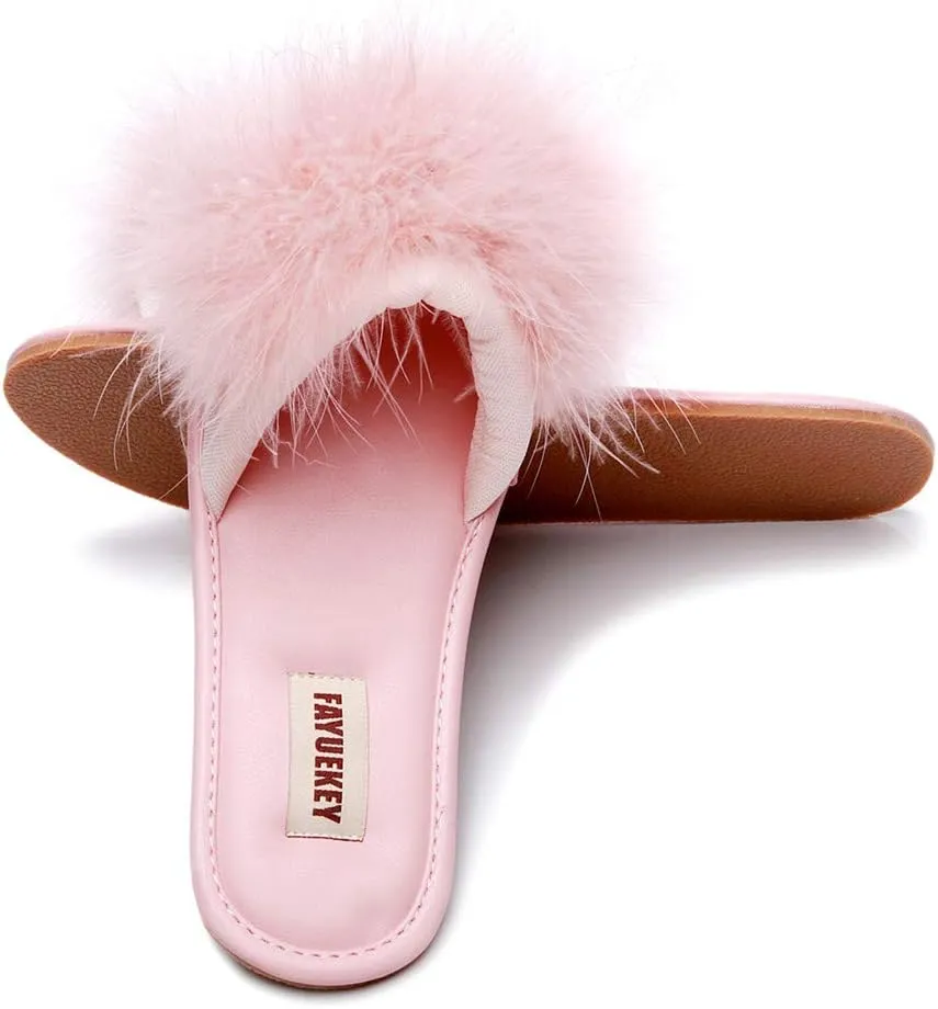 FAYUEKEY Women Fur Sexy Slippers Spring Summer Fluffy Cute PU Comfy Slides Sandals Indoor Outdoor Flats Shoes