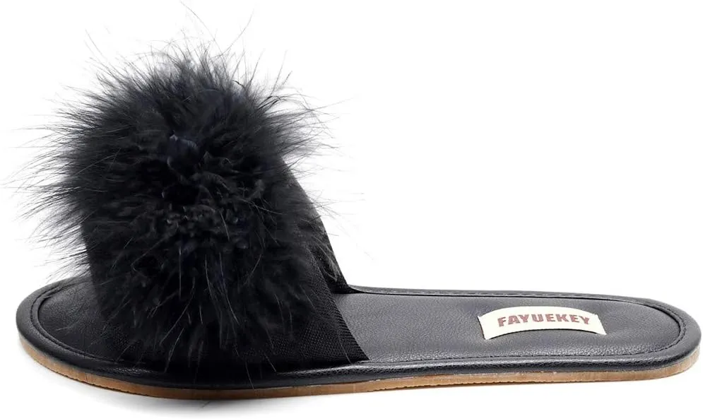 FAYUEKEY Women Fur Sexy Slippers Spring Summer Fluffy Cute PU Comfy Slides Sandals Indoor Outdoor Flats Shoes