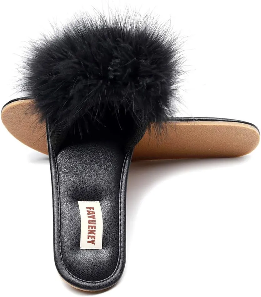 FAYUEKEY Women Fur Sexy Slippers Spring Summer Fluffy Cute PU Comfy Slides Sandals Indoor Outdoor Flats Shoes