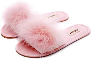 FAYUEKEY Women Fur Sexy Slippers Spring Summer Fluffy Cute PU Comfy Slides Sandals Indoor Outdoor Flats Shoes